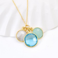 Blue topaz, Rainbow moonstone and aqua chalcedony pendant necklace